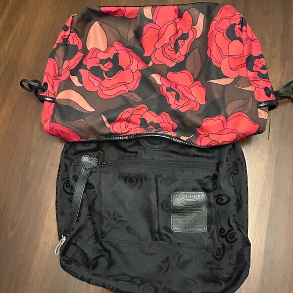 Brighton Jillian Rose Print Nylon Fabric Leather Hobo Bag Red Black - Picture 3 of 16